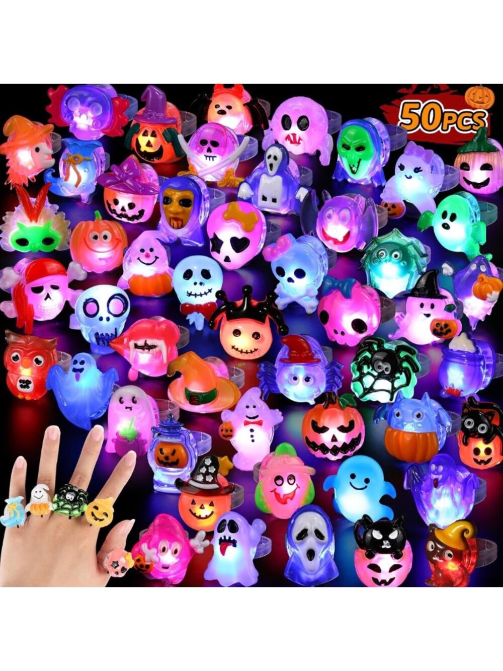 50pcs 3D Halloween Light Up Rings - Glow in the Dark Party Favors & Treats